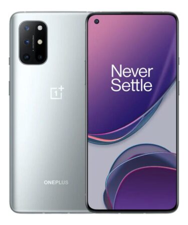OnePlus 8T smartphone with 6.55-inch Fluid AMOLED display, quad rear cameras, and sleek glass design