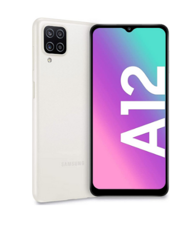 Samsung Galaxy A12 smartphone with 6.5-inch HD+ display, quad rear camera, 5000mAh battery, and sleek design